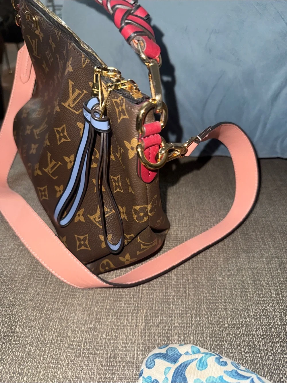 Monogram Shoulder Bag with Pink Strap and Red Braided Handle - Picture 3 of 7